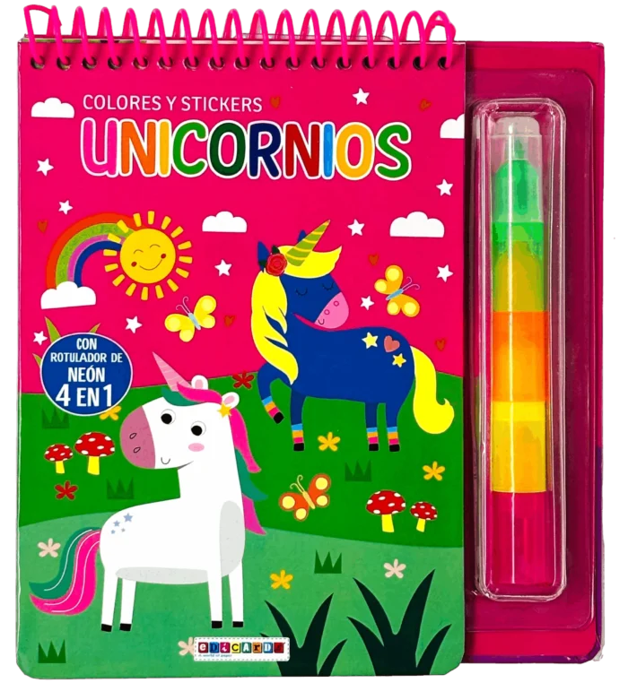LIBRO FLUOR COLORES Y STICKERS - Unicornios